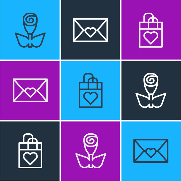 设置线鲜花玫瑰，购物袋与心和信封情人节图标。向量图片下载