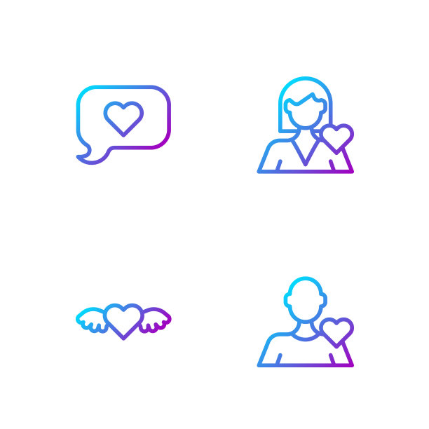 浪漫的男人，有翅膀的心，说话的泡泡和女孩。渐变颜色图标。向量图片下载