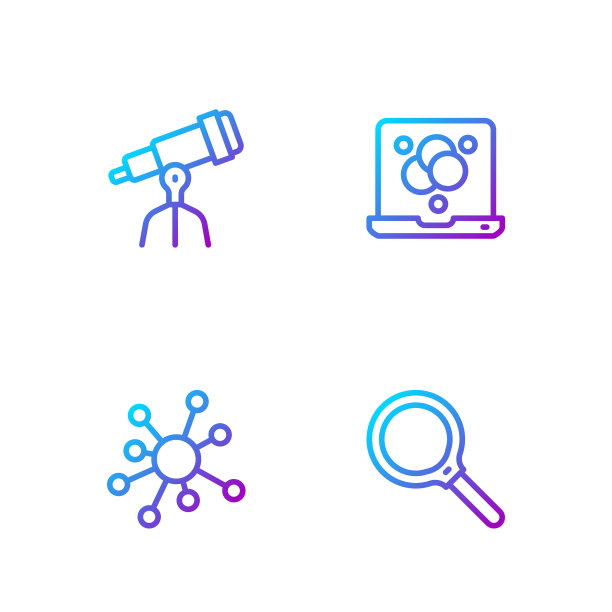 设置线放大镜，分子，望远镜和化学公式。渐变颜色图标。向量图片下载