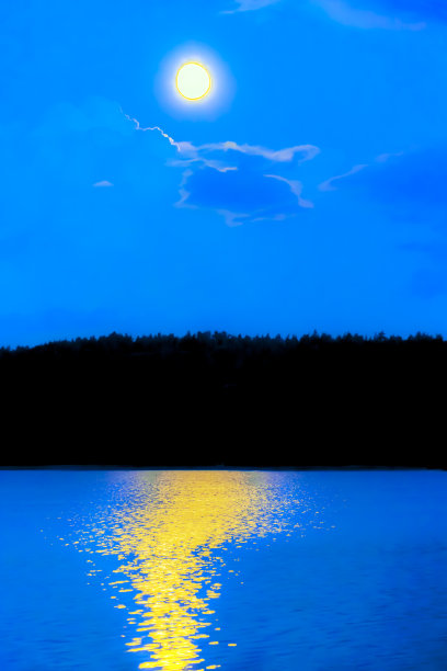 月光小径在清澈的夏夜森林湖的水。图片下载