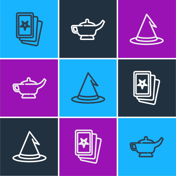 三张塔罗牌，女巫帽和神灯或阿拉丁图标。向量图片下载