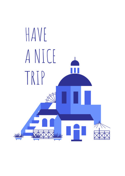 明信片与蓝白房子和短语在旅游和假日的主题。矢量插图在平坦的风格为旅游业。图片下载