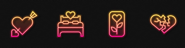 玫瑰定线花，爱情与心与箭，卧室与破碎或离婚。发光的霓虹灯图标。向量图片下载