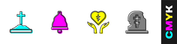 设置坟墓与十字架，教堂钟声，宗教的心和墓碑图标。向量图片下载