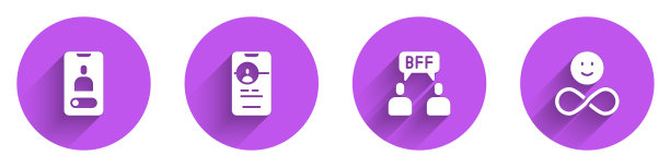 在手机上设置来电，在线约会应用程序，最好的朋友或最好的朋友永远和朋友图标长阴影。向量图片下载