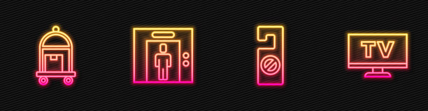 设置线路请勿打扰，手提箱，电梯，智能电视。发光的霓虹灯图标。向量图片下载