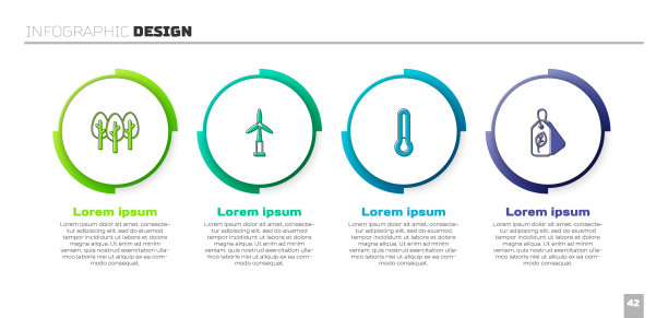 设置树木，风力涡轮机，温度计和标签与树叶。业务信息模板。向量图片下载