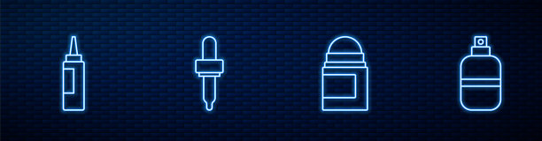 定线止汗除臭剂卷，霜乳液化妆品管，吸管和香水。发光的霓虹灯图标在砖墙上。向量图片下载