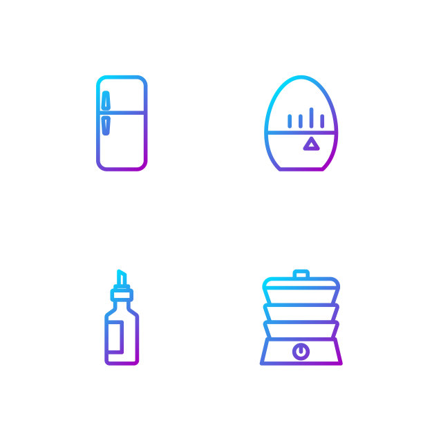 设置线慢炖锅，一瓶橄榄油，冰箱和厨房定时器。渐变颜色图标。向量图片下载