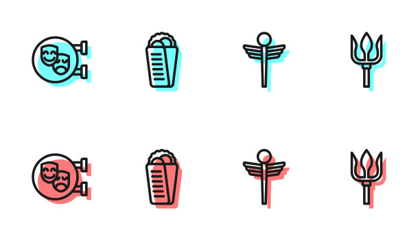 设线蛇医，蛇医，喜剧和悲剧面具，格洛斯皮塔希腊和海王星三叉戟图标。向量图片下载