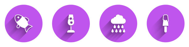 Set Fish, Wine glass, Cloud with rain and Ice cream icon with long shadow。向量图片下载