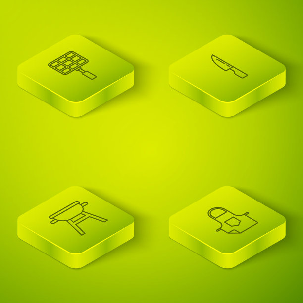 设置等距线烧烤刀，烤架，厨房围裙和钢网格图标。向量图片下载