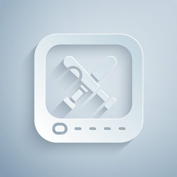 剪纸显示器与棒球和球棒在屏幕图标孤立的灰色背景。在线棒球比赛。纸艺术风格。向量图片下载