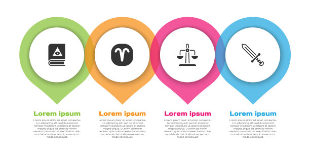 集古代魔法书，白羊座星座，天秤座和中世纪剑。业务信息模板。向量图片下载