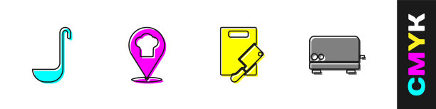 设置厨房勺子，厨师帽与位置，砧板和肉切刀和烤面包机图标。向量图片下载