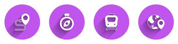 设置“路线位置”、“罗盘”、“火车”和“位置”的长阴影地球仪图标。向量图片下载