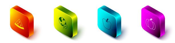 设置等距西瓜，地球仪和叶子，苹果和南瓜图标。向量图片下载