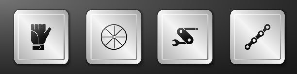 设置手套，自行车车轮，瑞士军刀和链图标。银广场按钮。向量图片下载