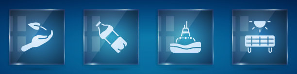 手持萌芽、瓶装水、海上浮筒、太阳能电池板。方形玻璃面板。向量图片下载