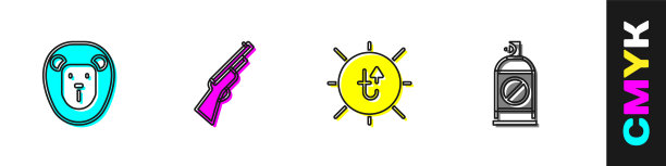 设置野生狮子，猎枪，太阳和喷雾对抗昆虫图标。向量图片下载