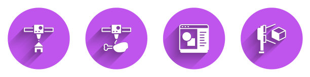 设置3D打印机房子，鸡腿，软件和扫描仪的立方体图标与长影子。向量图片下载