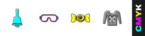 设置圣诞快乐铃声，滑雪护目镜，糖果和毛衣图标。向量图片下载