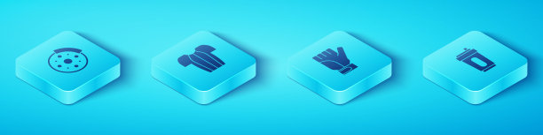 设置等距自行车刹车盘，自行车t恤，运动瓶与水和手套图标。向量图片下载