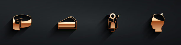 集芝士，樱桃芝士蛋糕片，踏板车和法国男人图标长影子。向量图片下载