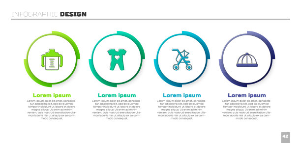 设置婴儿奶瓶，衣服，婴儿车和帽子。业务信息模板。向量图片下载