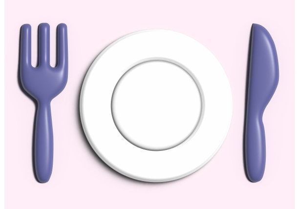 一个盘子、刀和叉的三维立体图标。餐厅、餐厅或餐饮咖啡厅图片下载