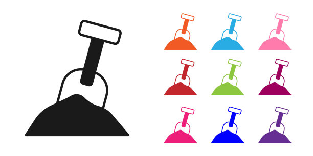 黑色沙盒，沙和铲子图标孤立在白色背景。设置图标丰富多彩。向量图片下载