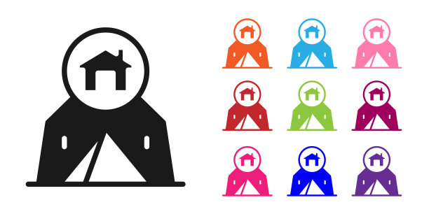 黑色旅游帐篷图标孤立在白色背景。露营的象征。设置图标丰富多彩。向量图片下载