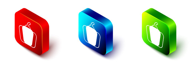 等距钟椒或甜辣椒图标孤立在白色背景。红色，蓝色和绿色的方形按钮。向量图片下载