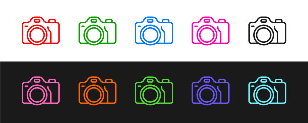 设置线照片相机图标孤立于黑白背景。与相机。数码摄影。向量图片下载