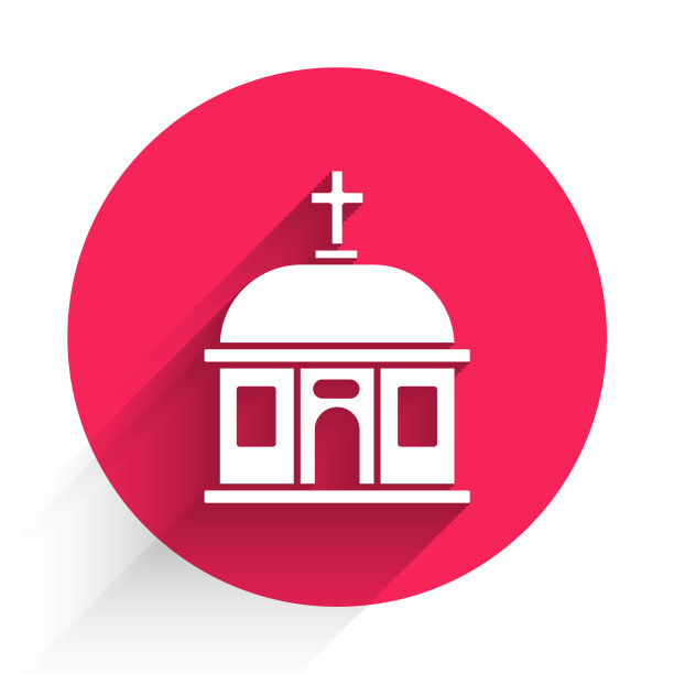 白色圣托里尼建筑图标与长长的阴影隔离。传统的希腊白房子，蓝色屋顶，欧洲文化。红色圆圈按钮。向量图片下载