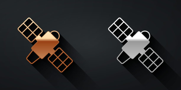 金色和银色卫星图标孤立在黑色背景。长长的阴影风格。向量图片下载