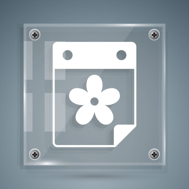 白色日历与花图标孤立的灰色背景。方形玻璃面板。向量图片下载