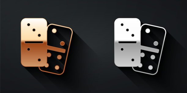 金色和银色多米诺图标孤立的黑色背景。长长的阴影风格。向量图片下载