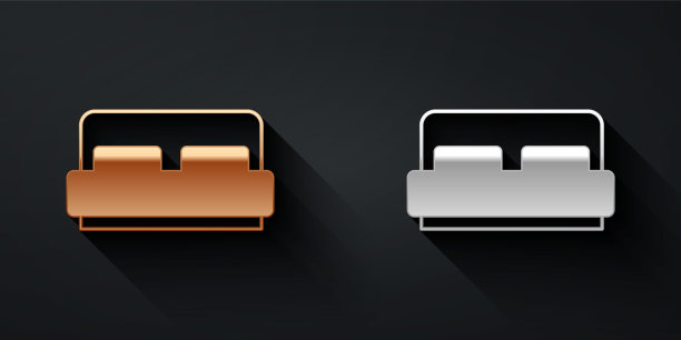 金色和银色酒店房间的床图标孤立在黑色的背景。长长的阴影风格。向量图片下载