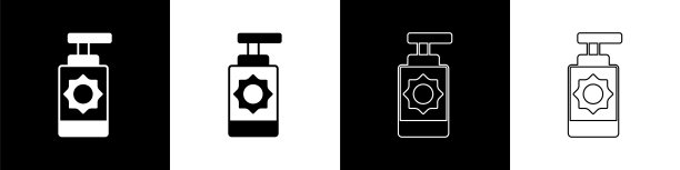 设置防晒霜喷雾瓶图标孤立的黑白背景。保护皮肤免受太阳紫外线的照射。向量图片下载