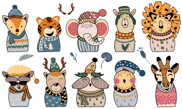 可爱的圣诞动物:狐狸、老虎、鹿、猫头鹰、喇嘛、狮子、浣熊、长颈鹿等。舒适卡通角色集。概念圣诞节和新年。矢量图图片下载