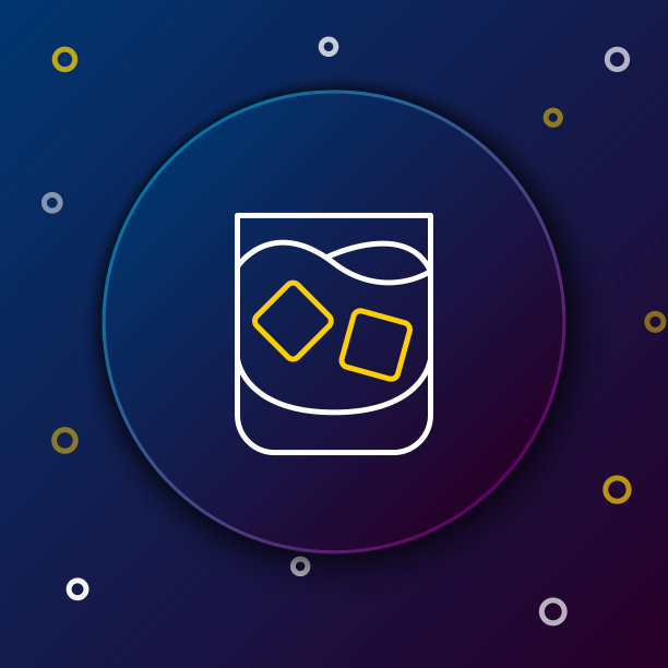 威士忌和冰块的玻璃图标孤立的蓝色背景。色彩斑斓的轮廓的概念。向量图片下载