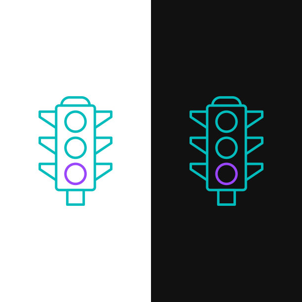 线交通灯图标孤立在白色和黑色的背景。色彩斑斓的轮廓的概念。向量图片下载