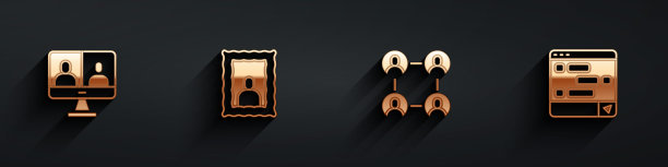 设置视频聊天会议，相框，最好的朋友或最好的朋友永远和聊天消息笔记本电脑图标长阴影。向量图片下载