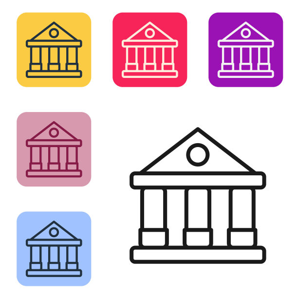 黑线法院大楼图标孤立在白色背景。建造银行或博物馆。设置图标的颜色方形按钮。向量图片下载