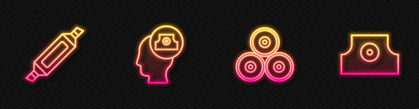 喷漆罐、记号笔、喷嘴盖和。发光的霓虹灯图标。向量图片下载