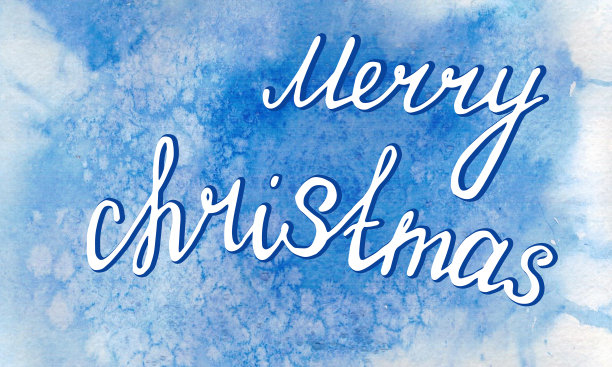 蓝色水彩背景。手写的圣诞快乐。祝贺你，一片空白在模糊的点上，蓝色的霜。祝贺你,设计图片下载