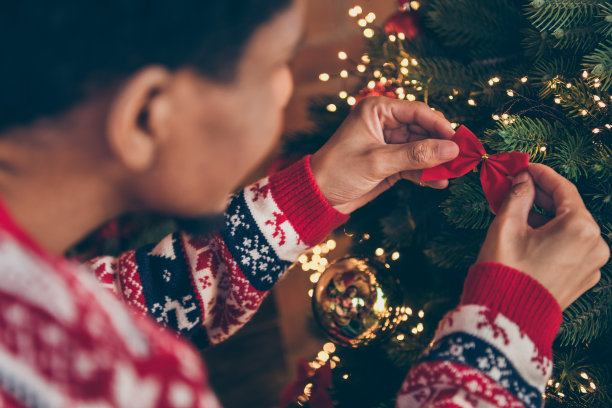 模糊的照片肖像年轻人准备圣诞节假期装饰房子的圣诞树图片下载