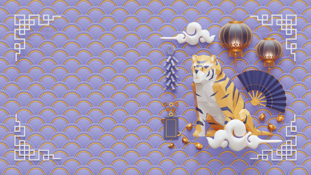 中国新年网页模板与老虎3D渲染插图图片下载