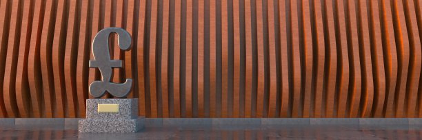 纪念碑的背景是一个未来主义的木制立面。三维渲染图片下载